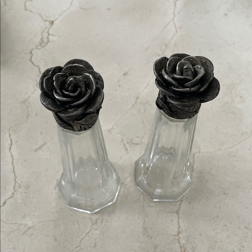 Elegant handcrafted pewter topped salt and pepper shaker